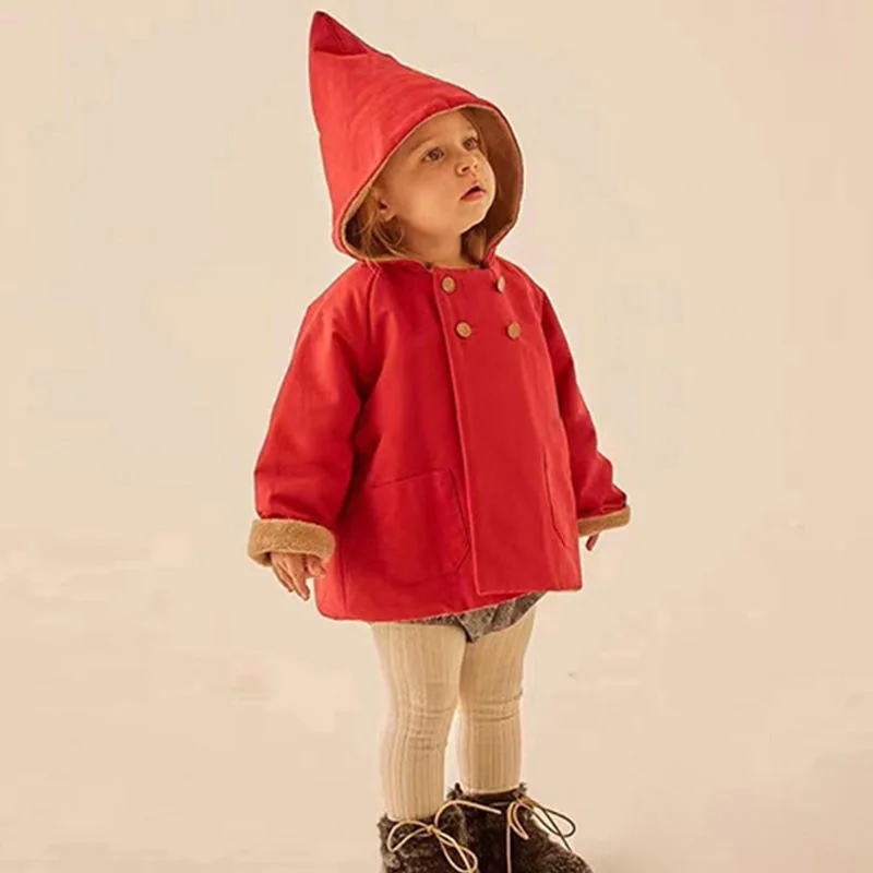 Baby Pointed-Hood Fleece-Lined Jacket — 3 Colourways — Red, worn front view