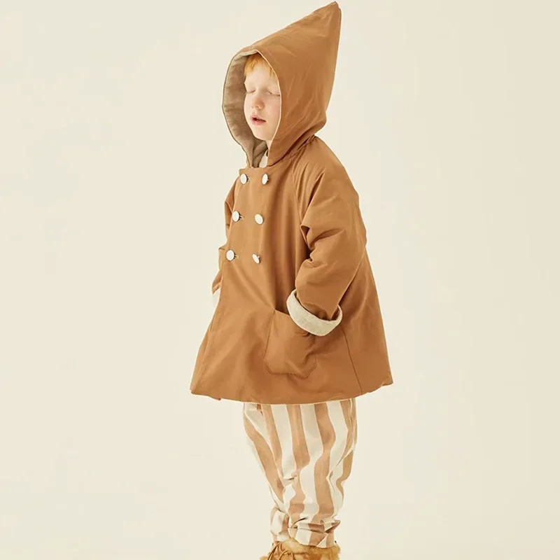 Baby Pointed-Hood Fleece-Lined Jacket — 3 Colourways — Yellow, worn side view