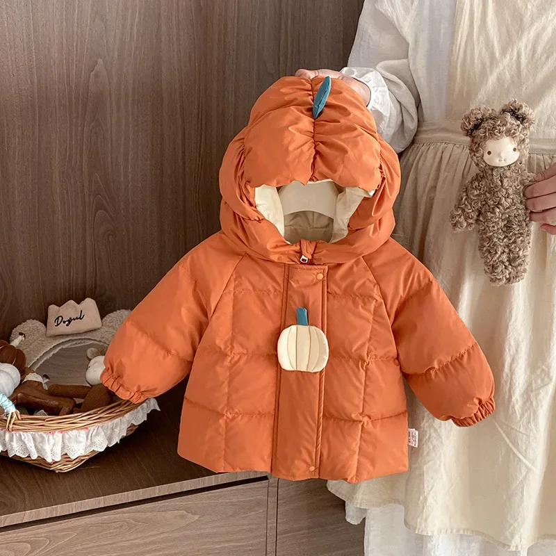 Baby pumpkin down romper — Coral, lifestyle