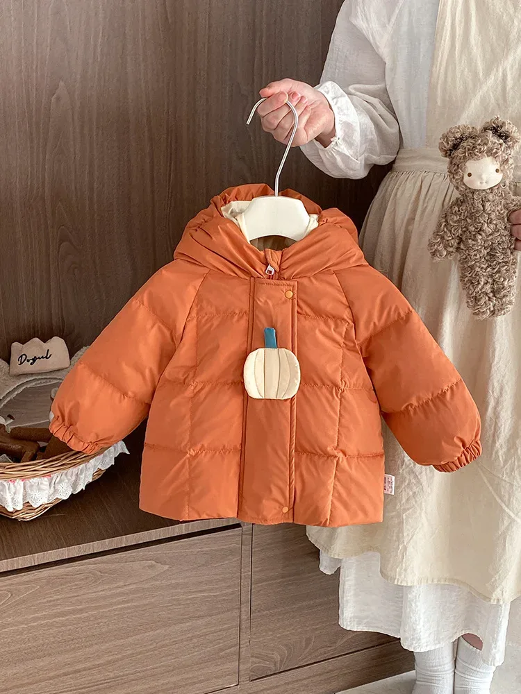 Baby Pumpkin Hooded Padded Jacket — Orange Red, front on hanger