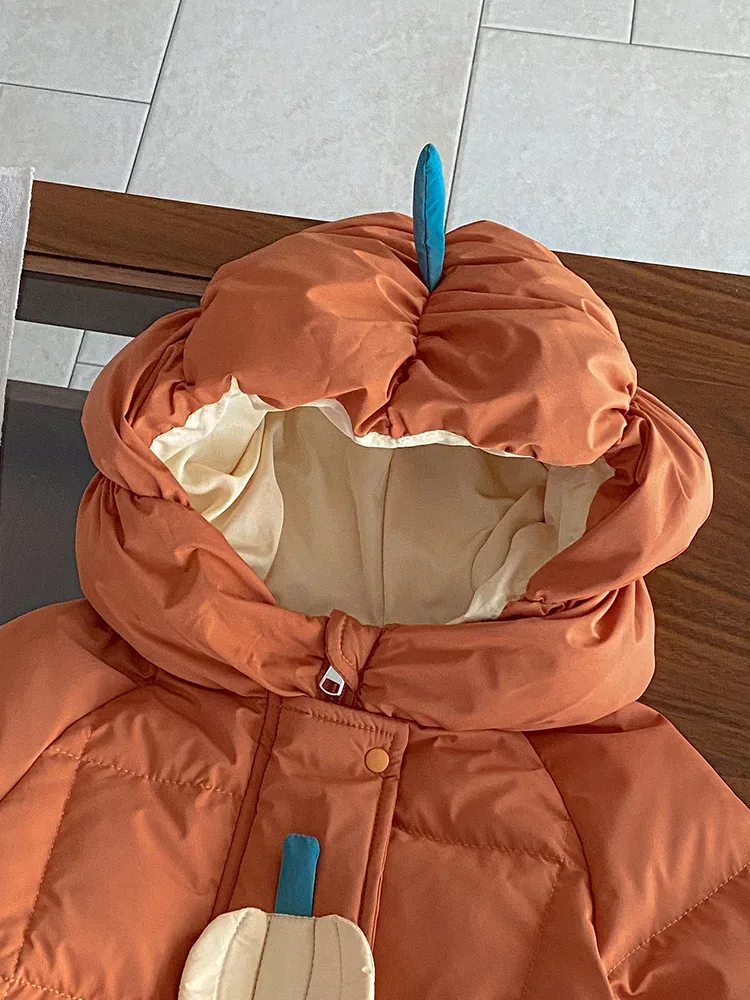 Baby Pumpkin Hooded Padded Jacket — Orange Red, hood close-up