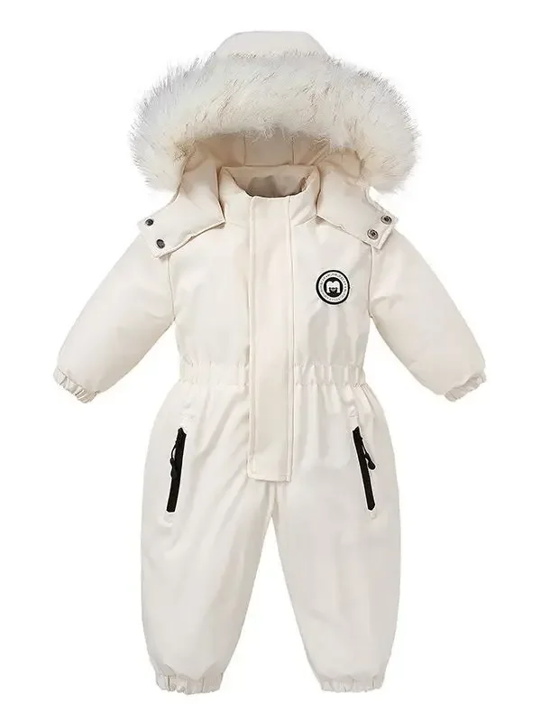 Baby solid one-piece ski suit — Rice White, front