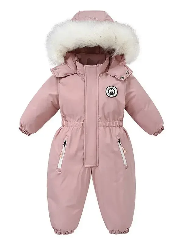 Baby solid one-piece ski suit — Pink, front