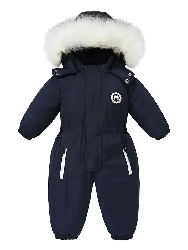 Baby solid one-piece ski suit — Navy Blue, front