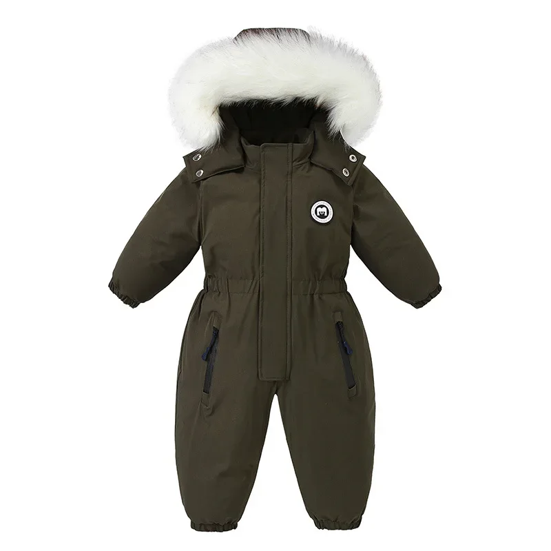 Baby solid one-piece ski suit — Army Green, front