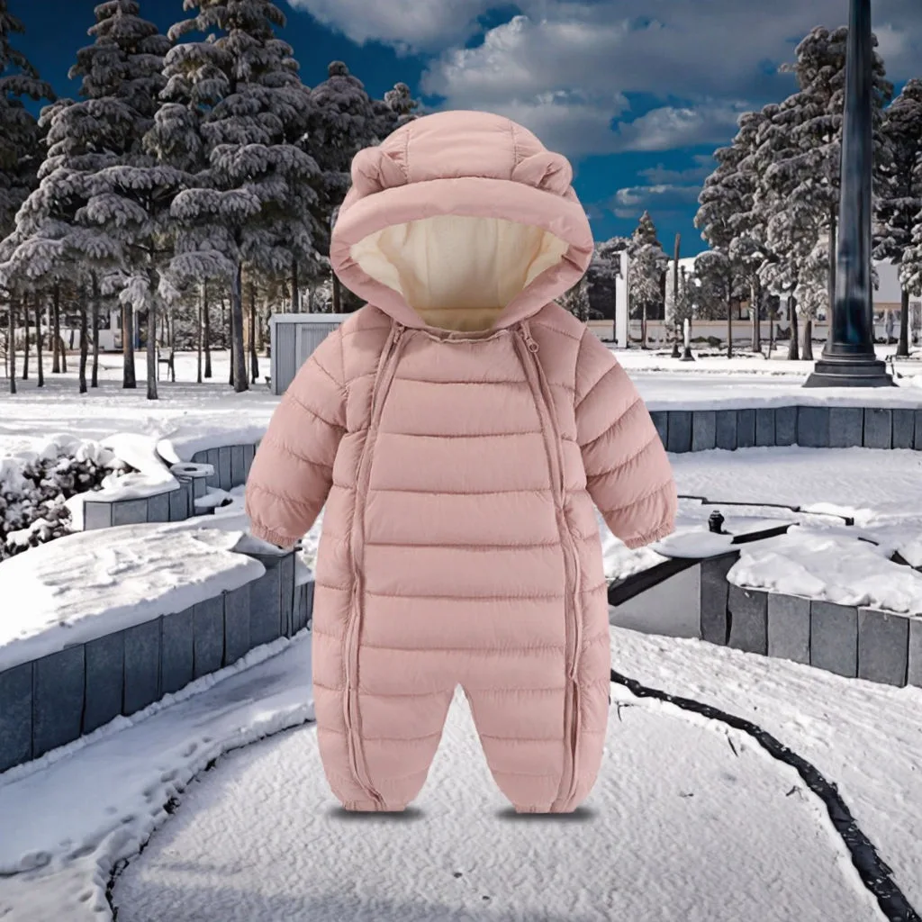 Baby quilted padded romper — Pink, in the snow