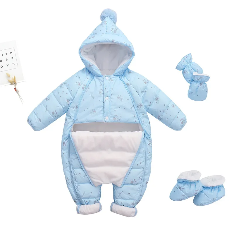 Baby spot-print down jumpsuit — Light Blue, with booties & mittens