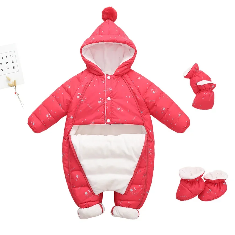 Baby spot-print down jumpsuit — Red, with booties & mittens