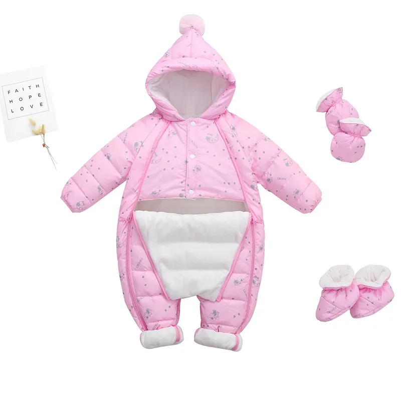Baby spot-print down jumpsuit — Pink, with booties & mittens