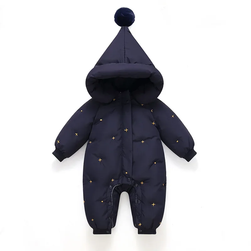 Baby star-embroidery down jumpsuit — Navy Stars, front