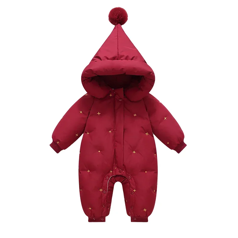 Baby star-embroidery down jumpsuit — Red Stars, front