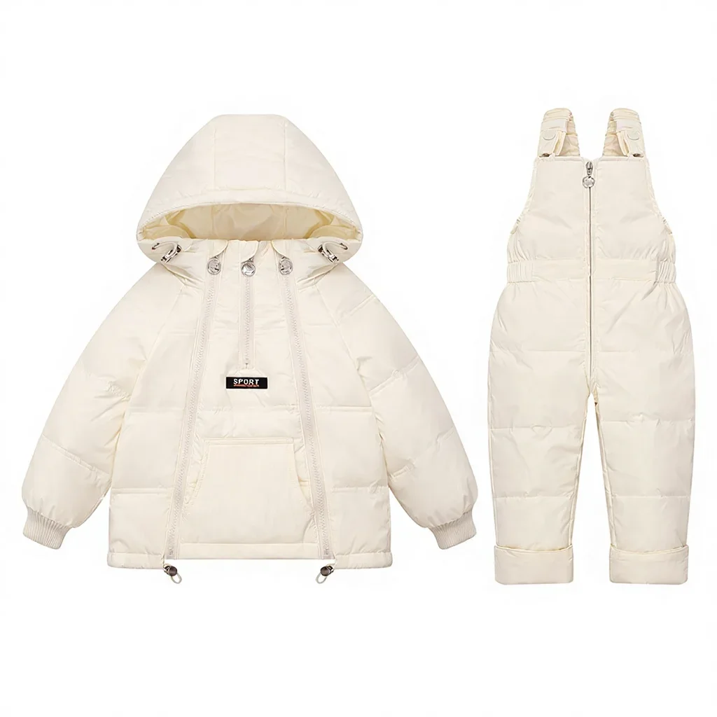 Baby two-piece jacket and suspender pants set — White, jacket & bib pants