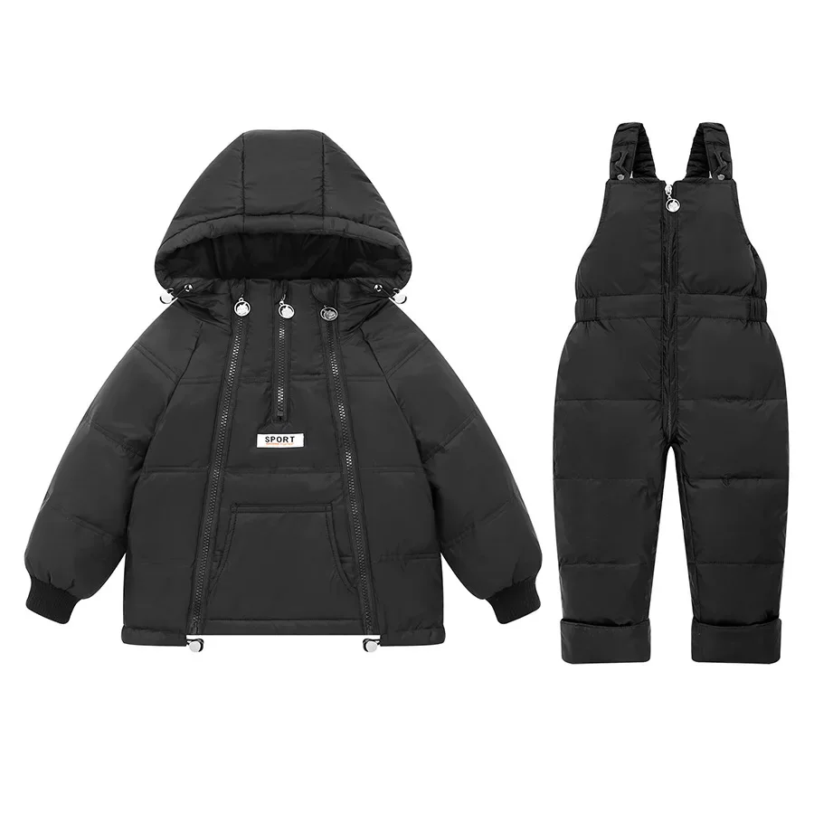 Baby two-piece jacket and suspender pants set — Black, jacket & bib pants
