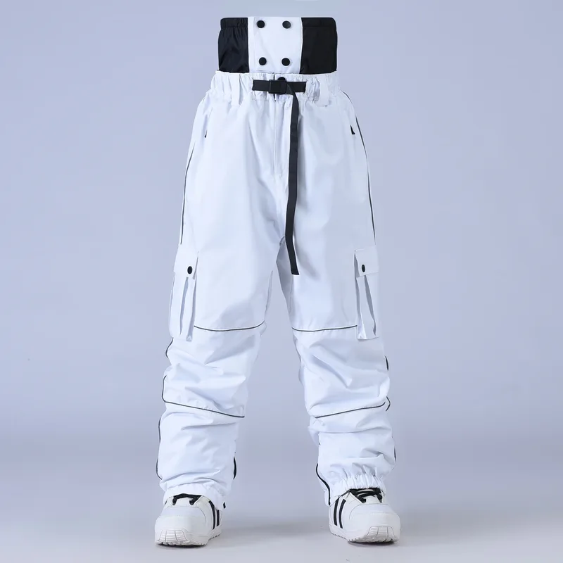 Unisex baggy snowboard pants in White — baggy fit with cargo pockets and reflective trim, worn by a model