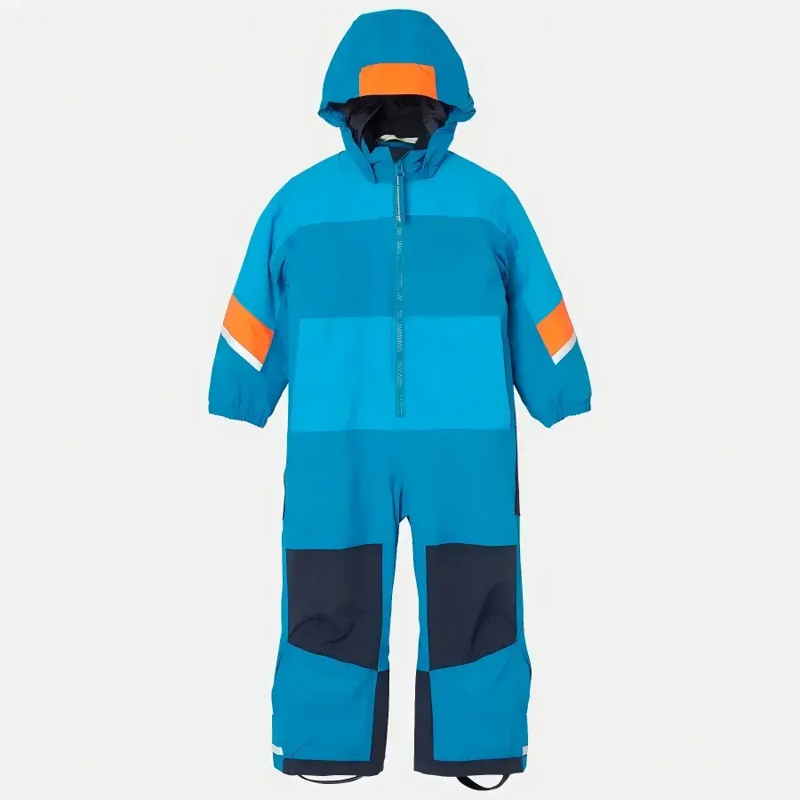 Boys' blue one-piece ski suit in Cerulean Blue with orange accents and navy knee panels, front view