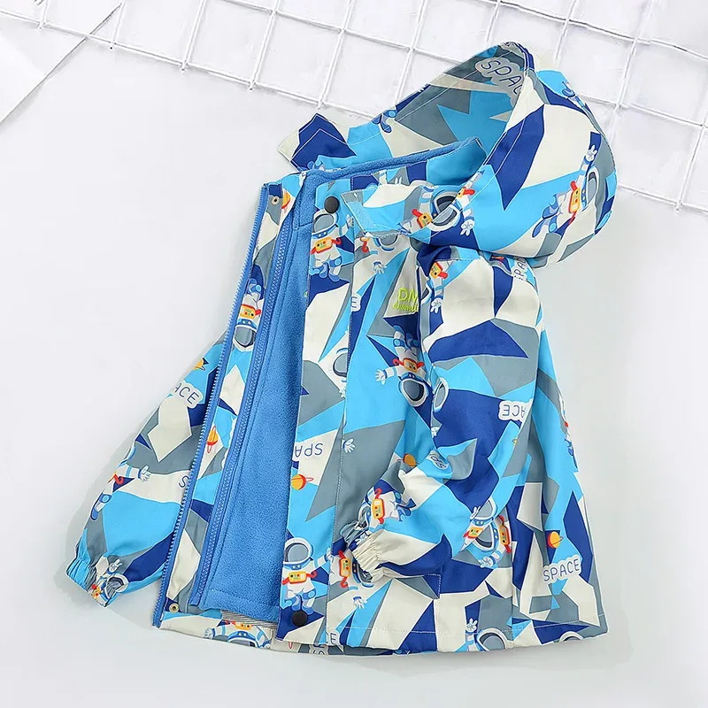 Boys' 3-in-1 Detachable Jacket — Blue Geometric, open, showing the liner