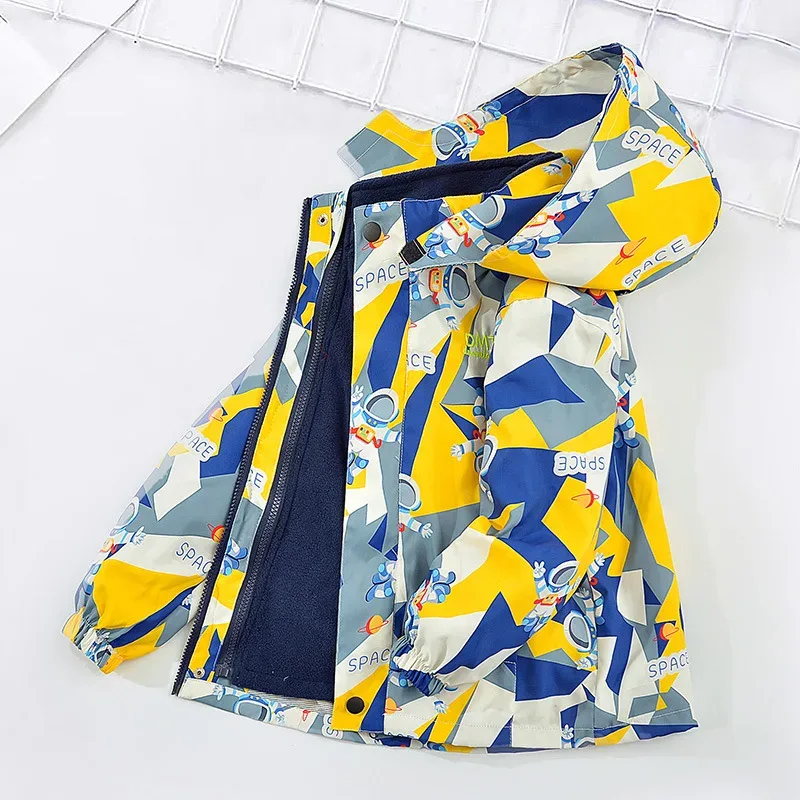 Boys' 3-in-1 Detachable Jacket — Yellow Geometric, open, showing the liner