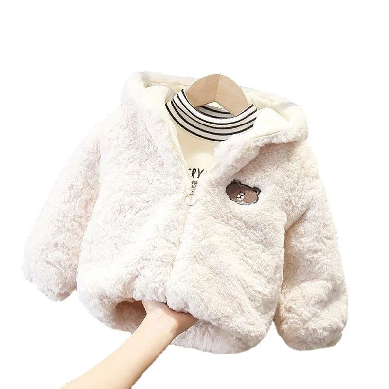 Boys' Bear-Appliqué Hooded Plush Jacket — 2 Colourways — Cream, front view on hanger