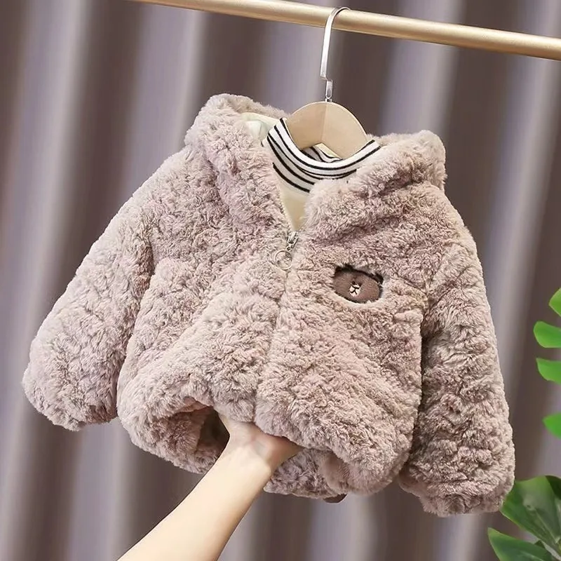 Boys' Bear-Appliqué Hooded Plush Jacket — 2 Colourways — Khaki, front view on hanger