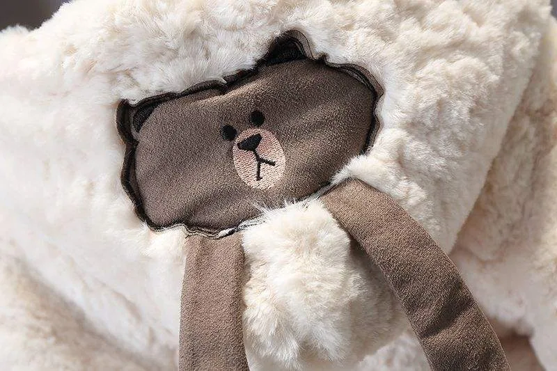 Boys' Bear-Appliqué Hooded Plush Jacket — 2 Colourways — Bear appliqué, close-up