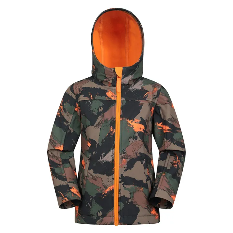 Boys’ Camo Hooded Softshell Jacket — Camo, front view