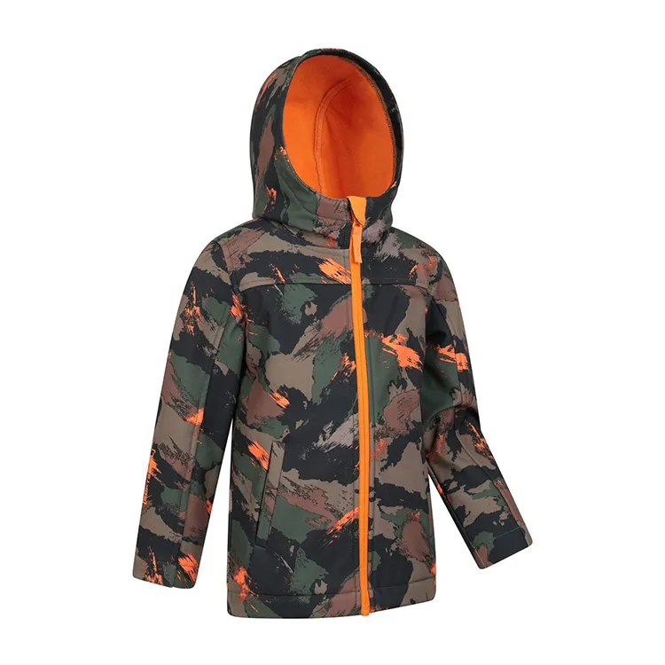 Boys’ Camo Hooded Softshell Jacket — Camo, front angle view