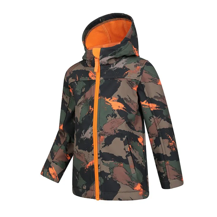 Boys’ Camo Hooded Softshell Jacket — Camo, front view