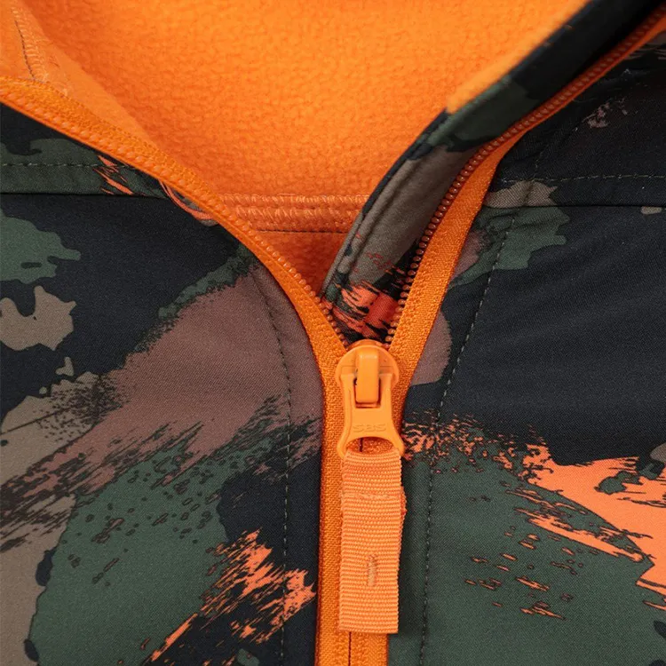 Boys’ Camo Hooded Softshell Jacket — Camo, zip and fleece lining detail