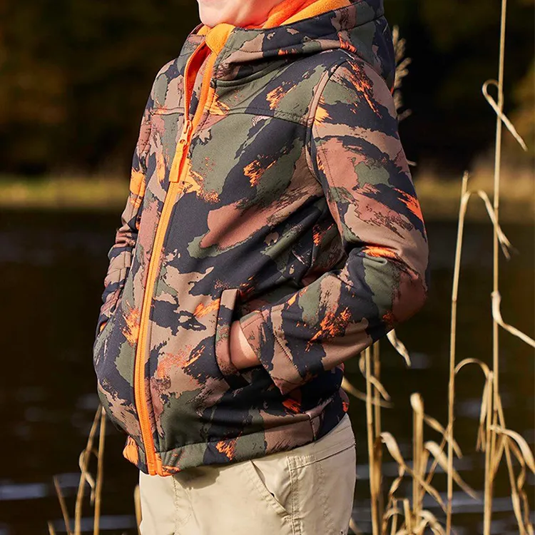 Boys’ Camo Hooded Softshell Jacket — Camo, worn side view
