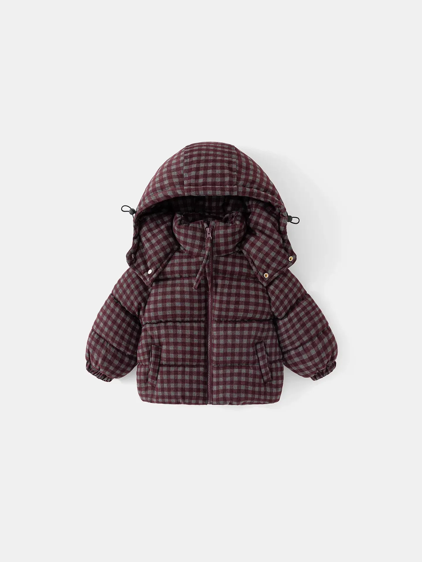 Boys' Check Hooded Padded Jacket — Burgundy Check, front