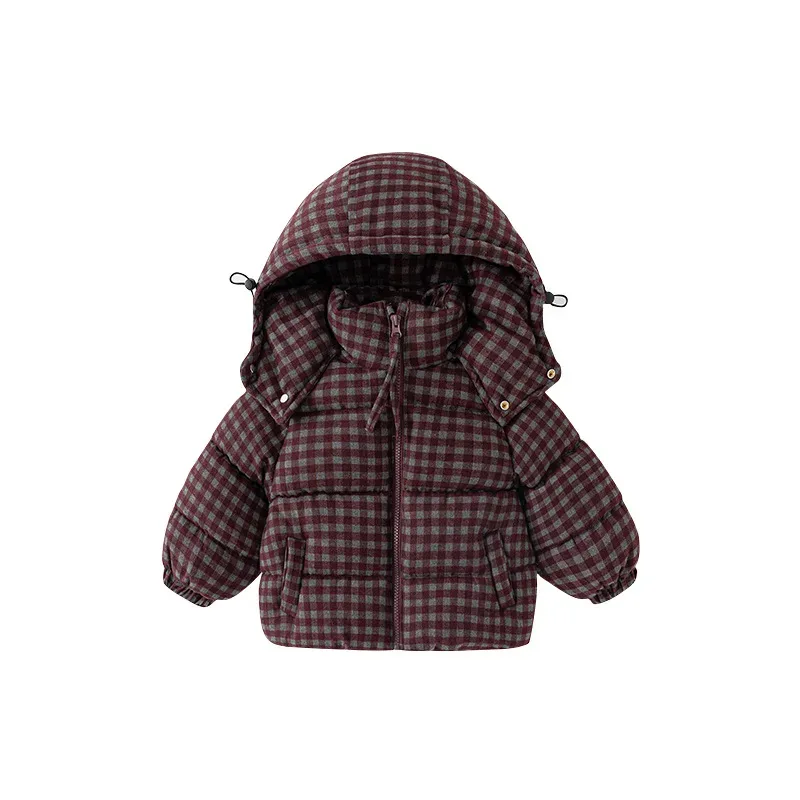 Boys' Check Hooded Padded Jacket — Burgundy Check, front, closer view