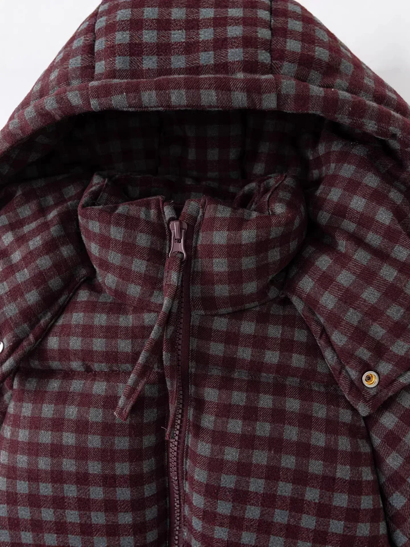 Boys' Check Hooded Padded Jacket — Burgundy Check, front zip and collar detail
