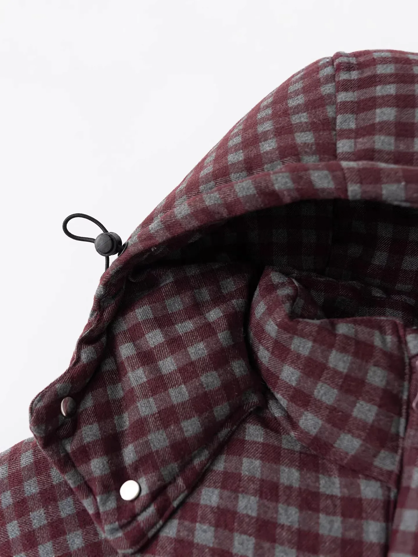 Boys' Check Hooded Padded Jacket — Burgundy Check, hood and snap detail