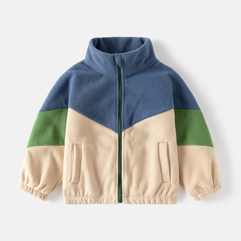 Boys' Chevron Colour-Block Polar Fleece Jacket — 2 Colourways — Blue & Cream, front view