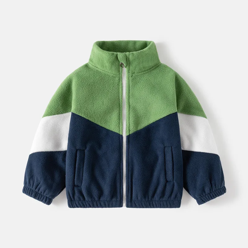 Boys' Chevron Colour-Block Polar Fleece Jacket — 2 Colourways — Green & Navy, front view