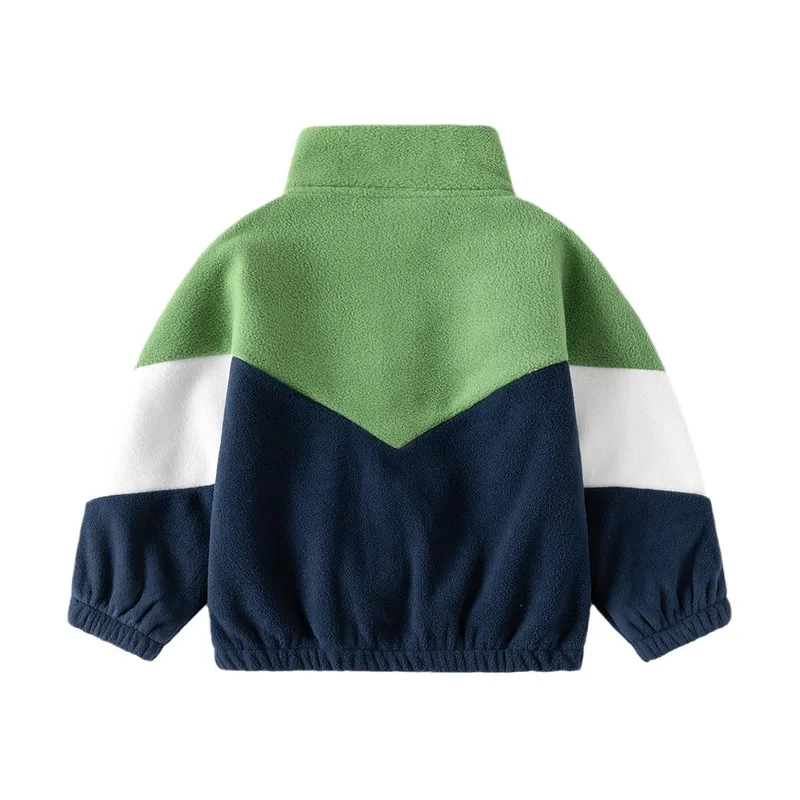 Boys' Chevron Colour-Block Polar Fleece Jacket — 2 Colourways — Green & Navy, back view