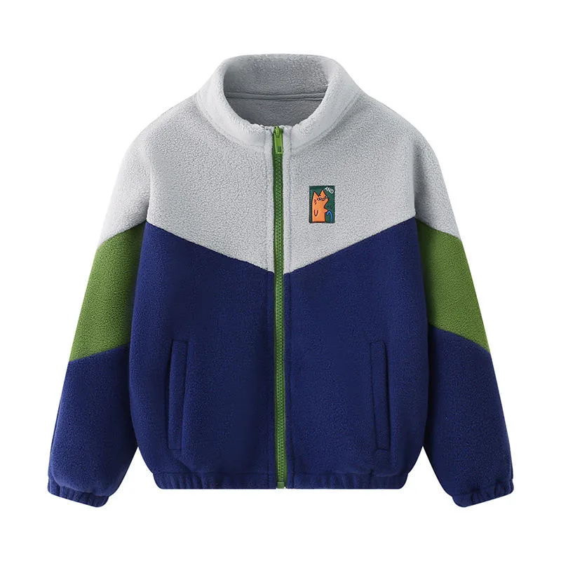 Boys' Colour-Block Fleece Zip Jacket — 2 Colourways — Gray & Navy, front view