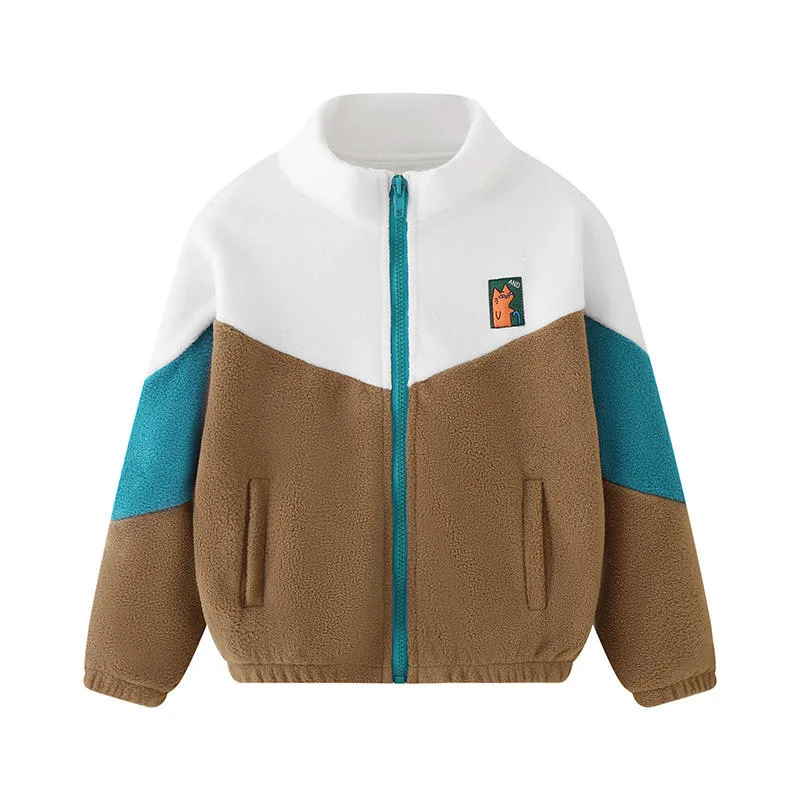 Boys' Colour-Block Fleece Zip Jacket — 2 Colourways — White & Camel, front view