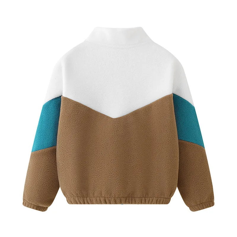 Boys' Colour-Block Fleece Zip Jacket — 2 Colourways — White & Camel, back view