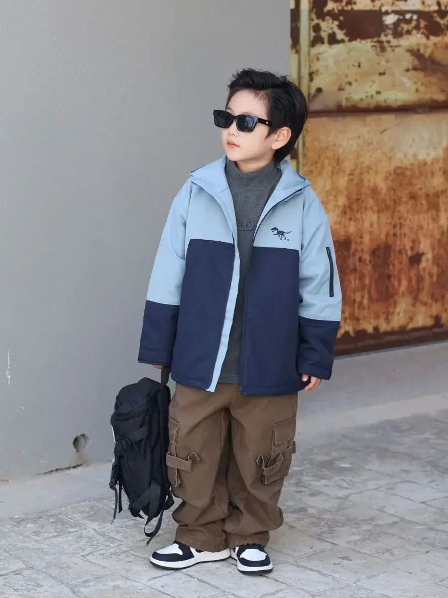 Boys' Colour-Block Winter Jacket — Blue Colour-Block, worn