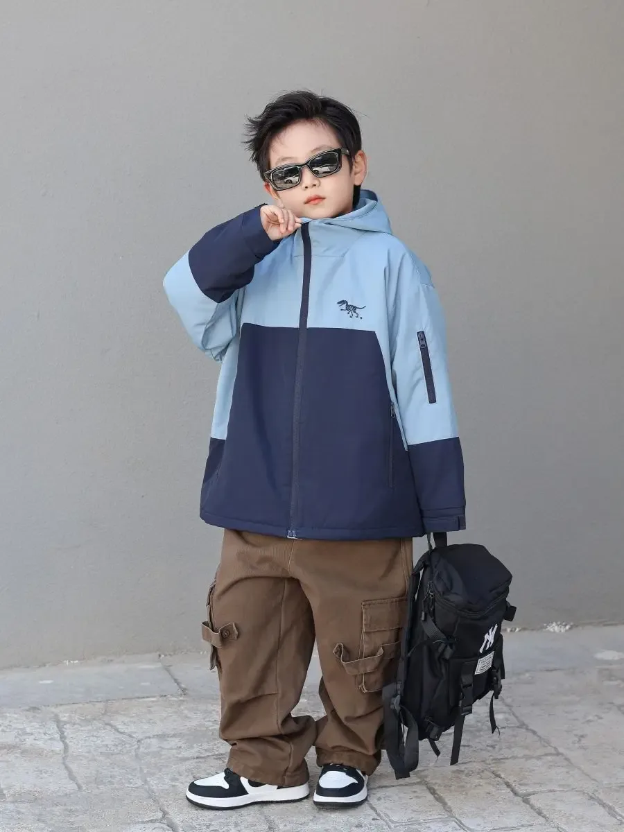 Boys' Colour-Block Winter Jacket — Blue Colour-Block, worn, adjusting the collar