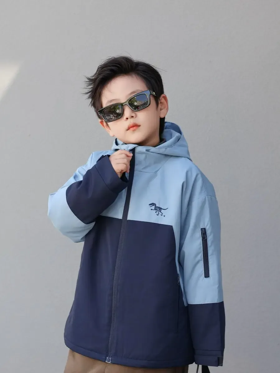 Boys' Colour-Block Winter Jacket — Blue Colour-Block, worn, close-up