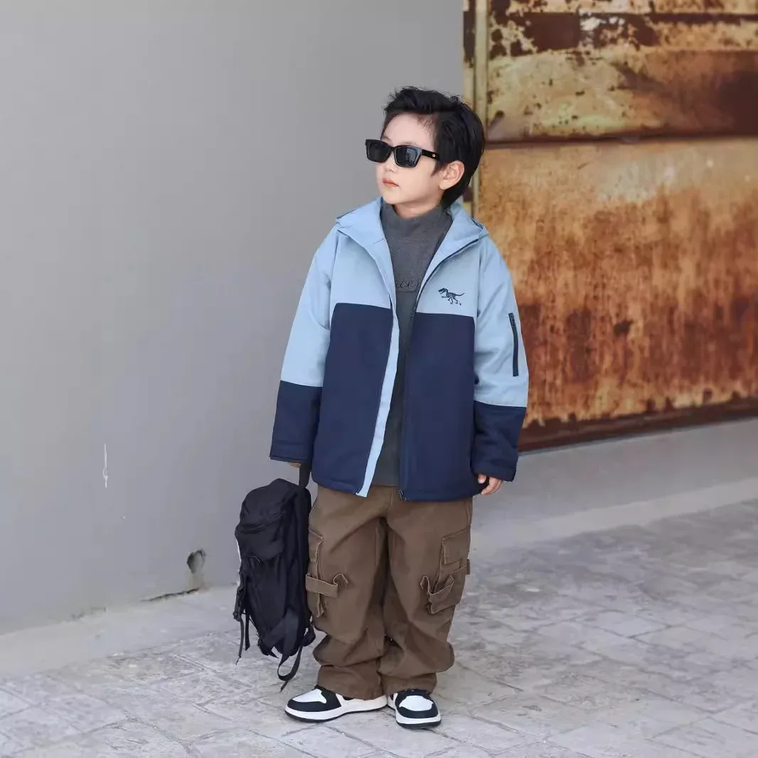 Boys' Colour-Block Winter Jacket — Blue Colour-Block, worn, with backpack