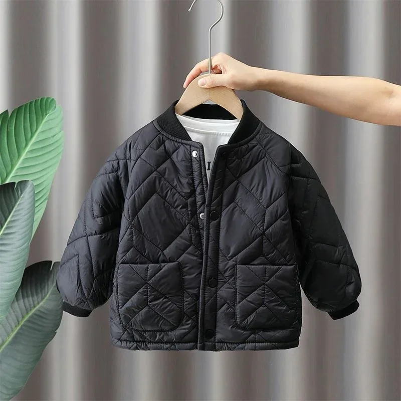 Boys' Diamond-Quilted Crew-Neck Jacket — Black, front on hanger