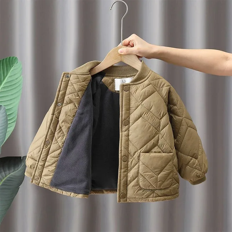 Boys' Diamond-Quilted Crew-Neck Jacket — Khaki, open front on hanger
