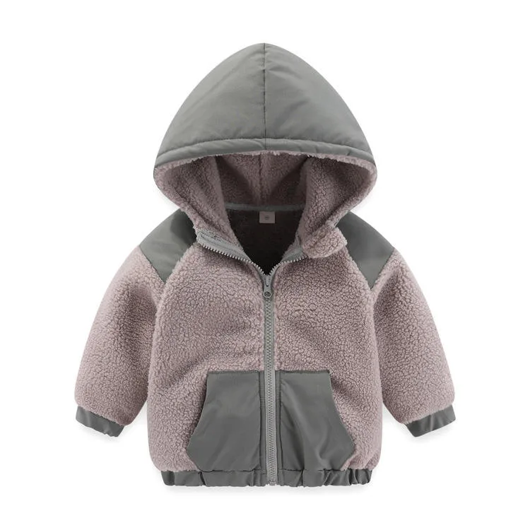 Boys' Hooded Fleece Jacket with Woven Panels — 3 Colourways — Grey, hooded front view