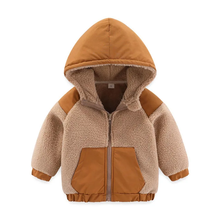 Boys' Hooded Fleece Jacket with Woven Panels — 3 Colourways — Camel, hooded front view