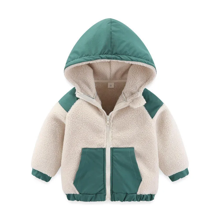 Boys' Hooded Fleece Jacket with Woven Panels — 3 Colourways — Cream, hooded front view