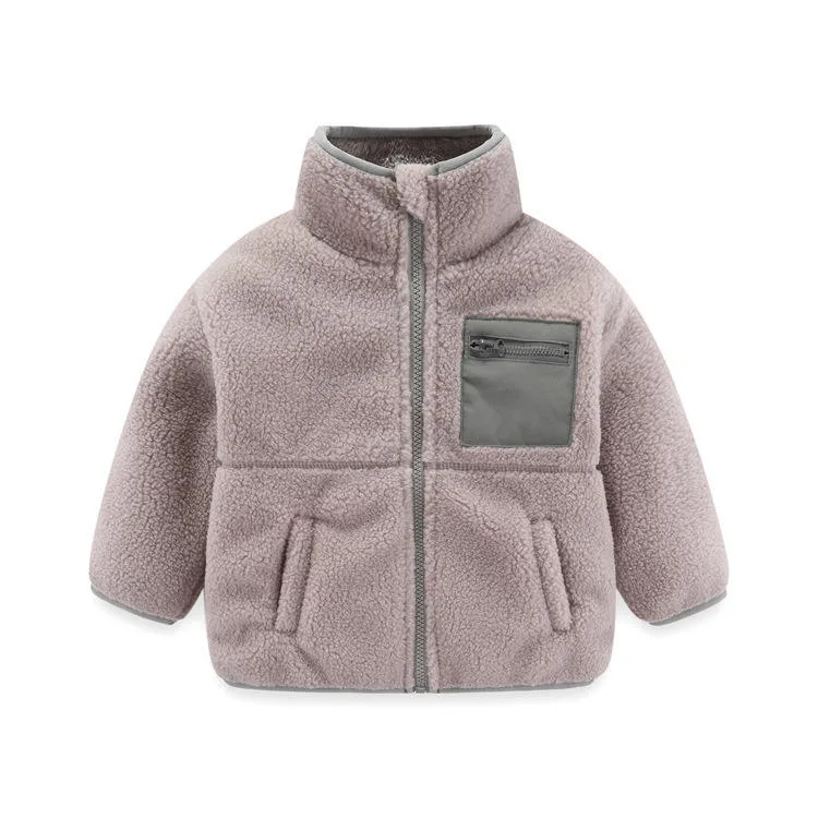 Boys' Hooded Fleece Jacket with Woven Panels — 3 Colourways — Grey, collar view