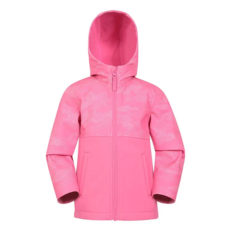 Boys’ Hooded Softshell Jacket — 2 Colourways — Pink, front view, hood up